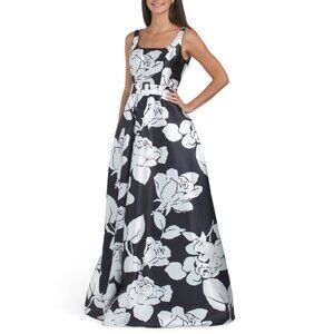 RENE BY RENE RUIZ Black/White Sleeveless Floral Mikado Gown With Belt